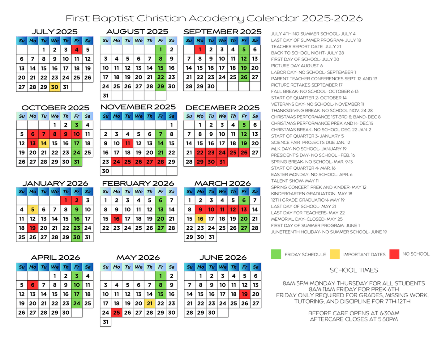Calendar First Baptist Christian Academy